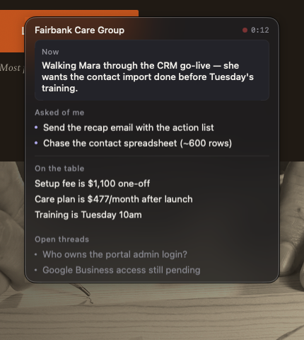 Your screen: the Jungi panel sitting over a webpage during a call
