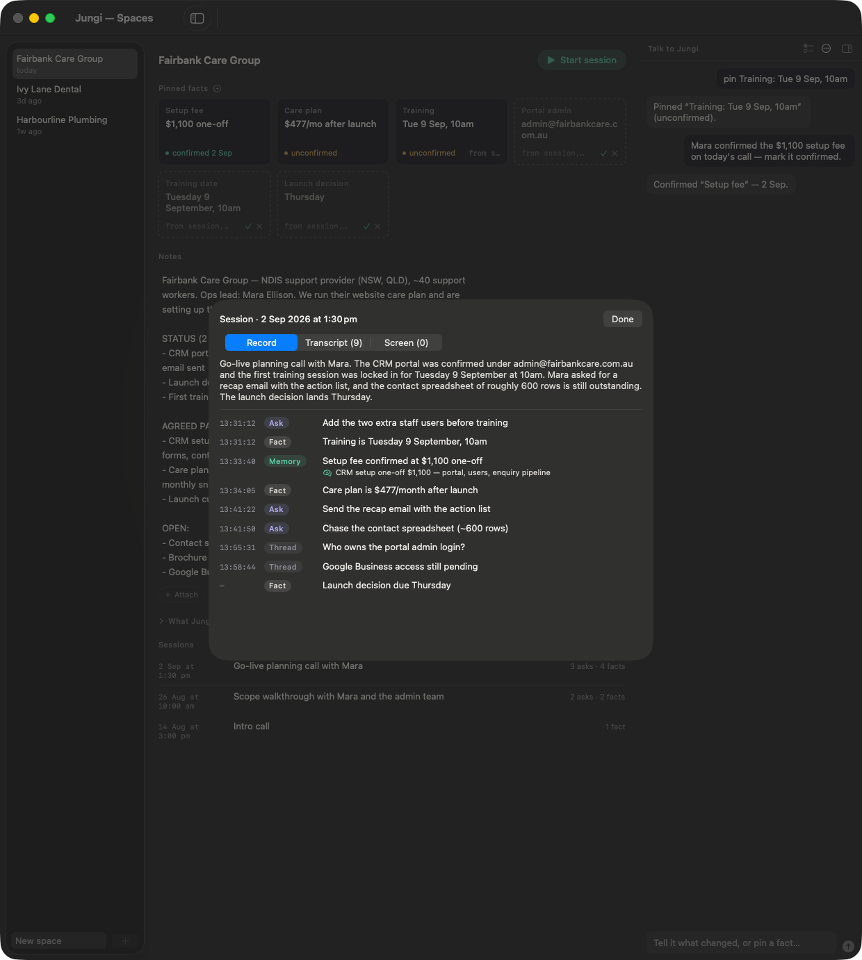 The session record: a summary and timed entries tagged Ask, Memory, Fact and Thread