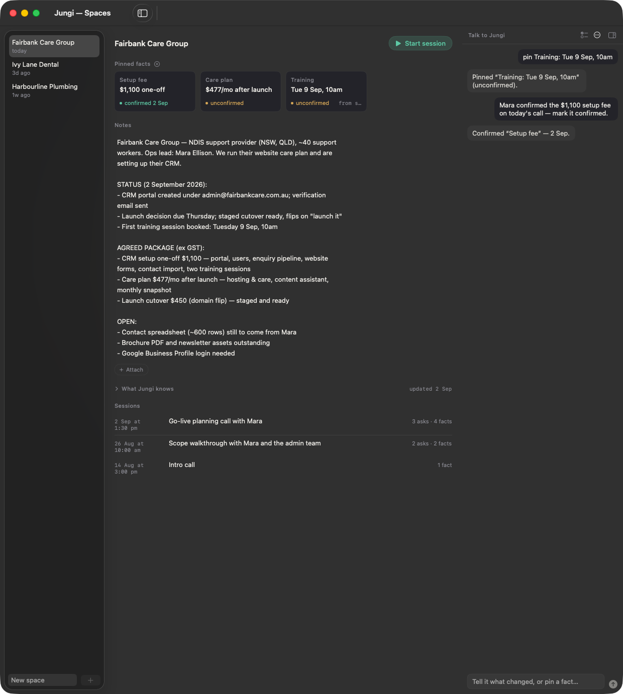 A space: sidebar of clients, pinned fact cards, notes, memory, session list and the Talk to Jungi pane